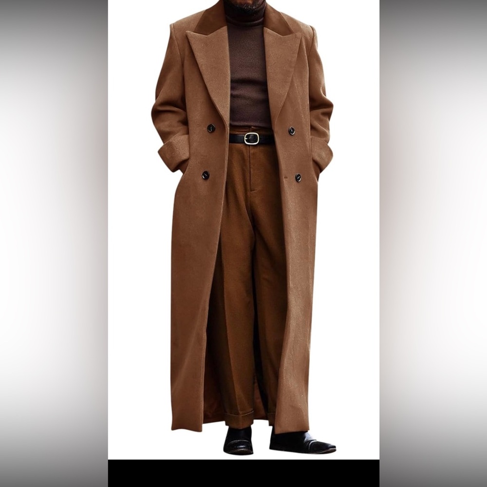 Mens Brown Trench Coat Notched Lapel Long Jacket Winter Overcoat